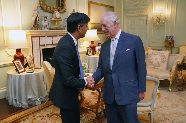 LONDON, ENGLAND - FEBRUARY 21: King Charles III meets with Prime Minister Rishi Sunak at Buckingham Palace for their first in-person audience since the King's diagnosis with cancer on February 21, 2024 in London, England. (Photo by Jonathan Brady - WPA Pool/Getty Images)