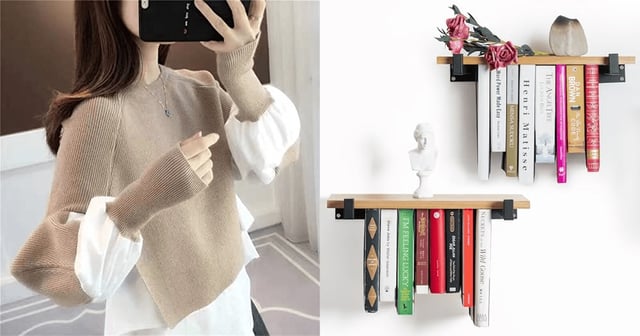 sweater and bookshelves