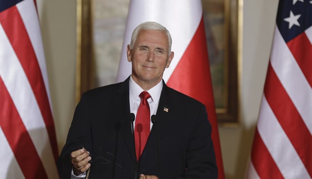 U.S. Vice President Mike Pence gestures during joint press statements with Polish President Andrzej Duda after their meeting in Warsaw, Poland, Monday, Sept. 2, 2019. The U.S. and Poland signed an agreement on Monday to cooperate on new 5G technology amid growing concerns about Chinese telecommunications giant Huawei. (AP Photo/Petr David Josek)
