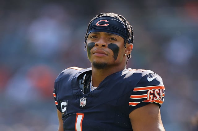 Justin Fields looks on prior to the game against the Green Bay Packers at Soldier Field on September 10, 2023.