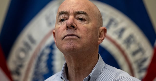 Republicans demand a Senate impeachment trial for Homeland Security Secretary Alejandro Mayorkas, pictured holding a press conference Jan. 8 in Eagle Pass, Texas, and warn Senate Majority Leader Chuck Schumer not to table the issue or bury it in committee. (Photo: John Moore/Getty Images)