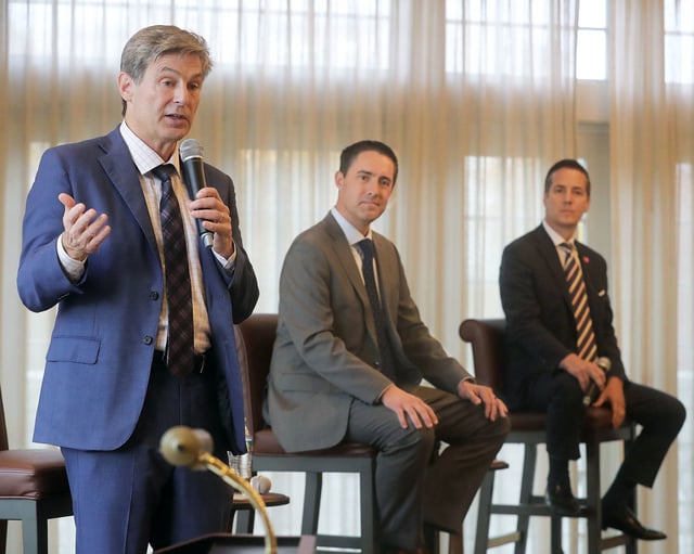 Debating GOP contenders for the U.S. Senate include State Senator Matt Dolan, Secretary of State Frank LaRose, and luxury car salesman Bernie Moreno on Oct. 26, 2023, in Akron, Ohio, at Portage Country Club.