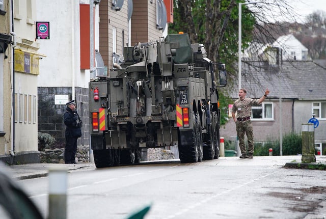 A military vehicle at the scene near St Michael Avenue, Plymouth, where residents have been evacuated and a cordon put in place following the discovery of a suspected Second World War explosive device. Picture date: Friday February 23, 2024. (Photo by Ben Birchall/PA Images via Getty Images)