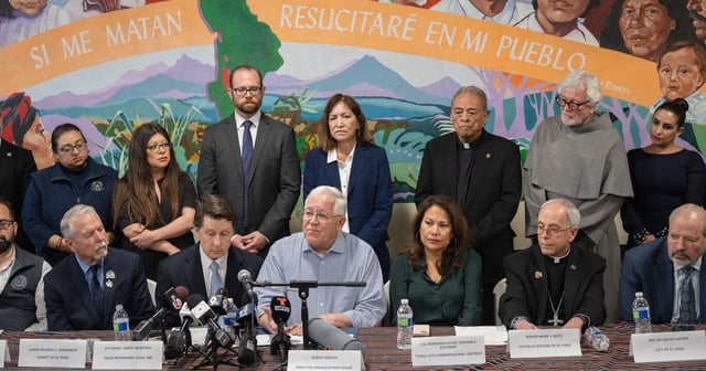 Ruben Garcia, director of Annunciation House, speaks at a press conference on Feb 23, 2024. Earlier this week, Texas Attorney General Ken Paxton, announced a lawsuit against the migrant shelter Annunciation House for allegedly operating a stash house and human trafficking. Annunciation House has been providing aid and shelter to migrants in El Paso for more than 40 years.