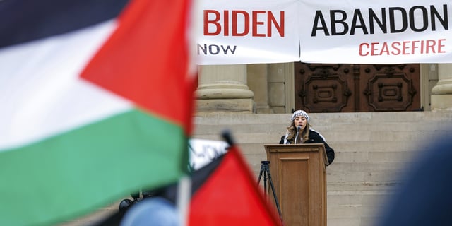 Michigan State University student Saba Saed speaks at a rally in Lansing, Mich., on Feb. 16, 2024.