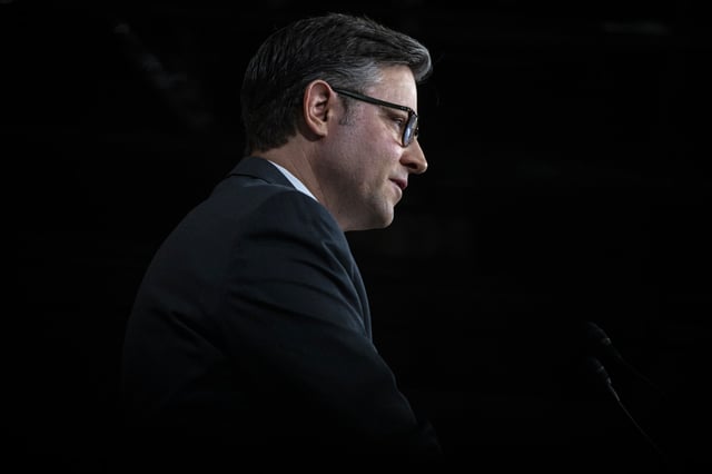 House Speaker Mike Johnson speaks during a news conference at the Capitol in Washington, D.C., on Feb. 14, 2024.
