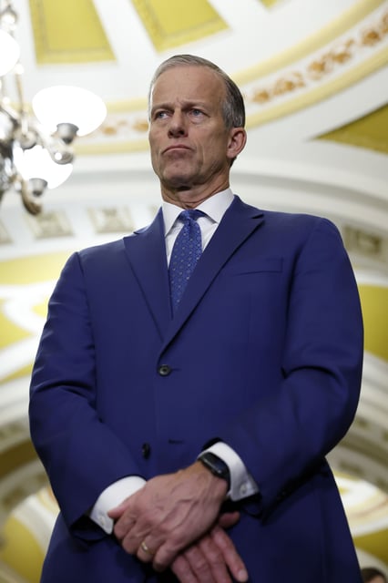 Sen. John Thune (R-SD) listens during a news conference after a weekly policy luncheon with Senate Republicans at the U.S. Capitol Building on February 06, 2024 in Washington, DC.