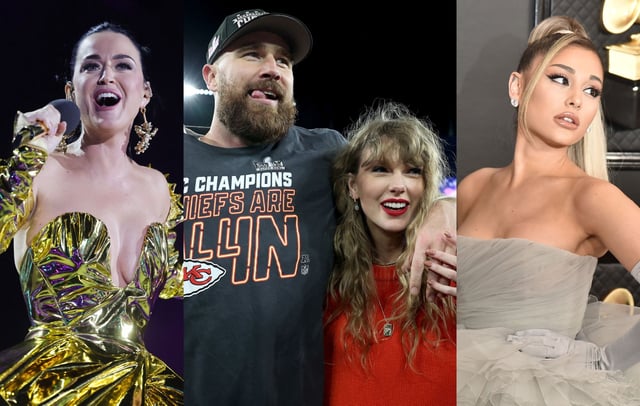 Katy Perry, Travis Kelce, Taylor Swift and Ariana Grande. CREDIT: Chris Jackson, Patrick Smith and David Crotty/Patrick McMullan/Getty Images