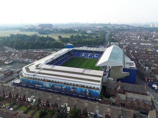 LIVERPOOL, ENGLAND - SEPTEMBER 03:  (EDITORS NOTE: This photograph was taken using a drone) An aerial view of Goodison Park prior to the Premier League match between Everton FC and Liverpool FC at Goodison Park on September 03, 2022 in Liverpool, England. (Photo by Michael Regan/Getty Images)