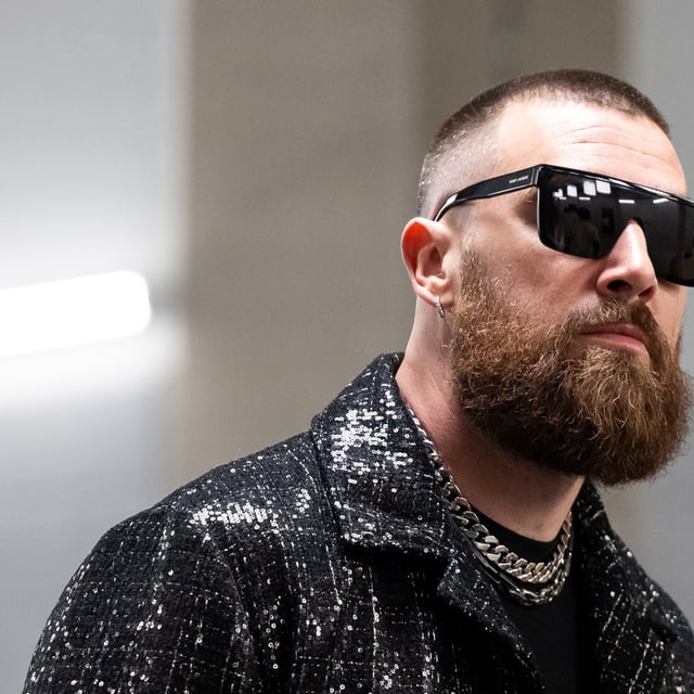 Travis Kelce of the Kansas City Chiefs arrives prior to Super Bowl LVIII against the San Francisco 49ers at Allegiant Stadium on February 11, 2024 in Las Vegas, Nevada. Some of Taylor Swift's fans think he could have his own music career.  (Photo by Luke Hales/Getty Images)