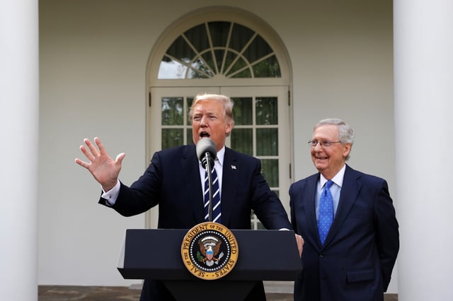 Then-President Donald Trump answers questions with Senate Majority Leader Mitch McConnell, R-Ky., in the Rose Garden after a meeting at the White House, on Oct. 16, 2017.