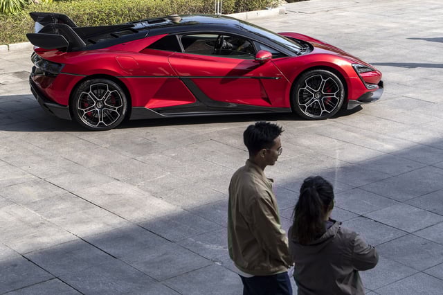 A BYD Co. Yangwang U9 electric vehicle in Shenzhen, China, on Tuesday, Jan. 16, 2024. BYD debuted its most expensive car on Sunday, a 1.68 million yuan ($233,450) high-performance fully-electric supercar pitted against luxury gas-guzzling options offered by rivals such as Ferrari NV and Lamborghini.