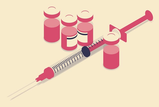 Illustration of a vaccine shown in four glass vials, along with a syringe.