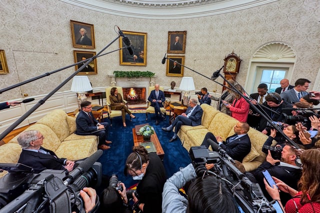 President Joe Biden meets with Senate Minority Leader Mitch McConnell. House Speaker Mike Johnson, Senate Majority Leader Chuck Schumer and House Minority Leader Hakeem Jeffries at the White House on Feb. 27, 2024.