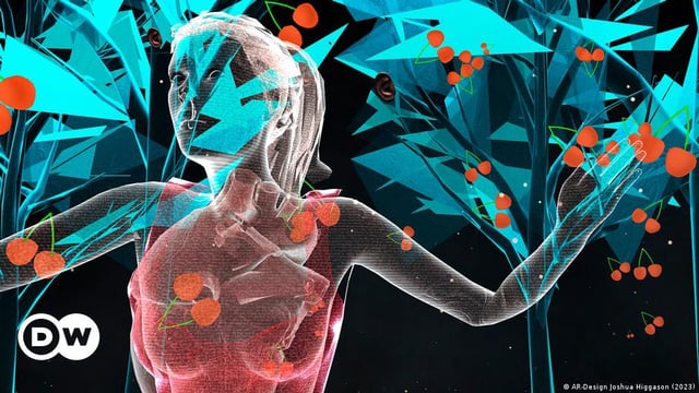 An augmented reality picture that features among others a girl with a ponytail holding her arms up, stylized trees and an outline of a human heart.