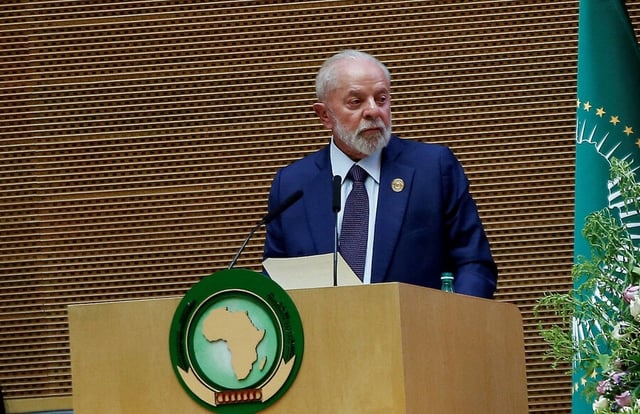 Brazilian President Lula da Silva delivers an address at an assembly of the African Union at the African Union Headquarters, in Addis Ababa, Ethiopia, February 17, 2024. President Lula has admitted the African Union into the G20 and advocated for the Global South.