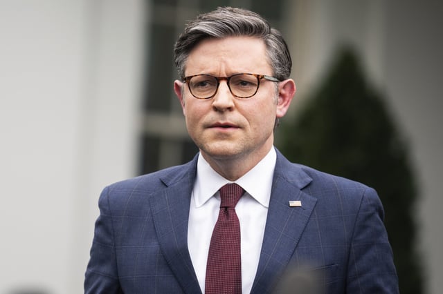 Mike Johnson at the White House after a meeting with President Joe Biden and Vice President Kamala Harris to discuss funding the government and avoiding a shutdown, on Feb. 27, 2024. 