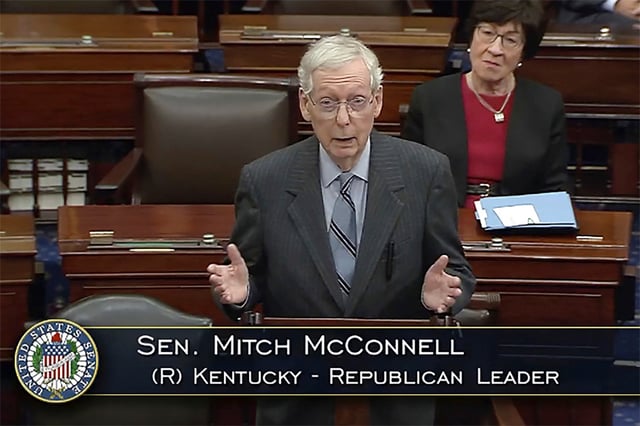 Kentucky Senator Mitch McConnell speaks on the Senate floor on Wednesday, saying he will step down as Senate Republican leader in November. Photo: Senate TV via AP