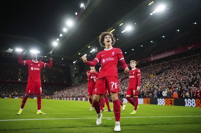 Jayden Danns celebrates after scoring his second goal at Anfield on Wednesday.