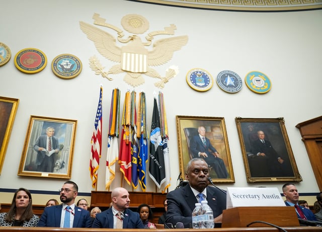 Secretary of Defense Lloyd Austin testifies in front of the House Armed Services Committee in Washington on Feb. 29, 2024. Secretary Austin was called before the committee to explain the circumstances surrounding the failure to communicate his absence to the President during his recent hospitalization.