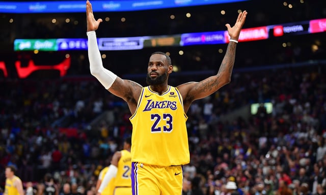 Feb 28, 2024; Los Angeles, California, USA; Los Angeles Lakers forward LeBron James (23) celebrates the victory against the Los Angeles Clippers at Crypto.com Arena. Mandatory Credit: Gary A. Vasquez-USA TODAY Sports