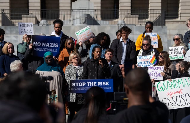 Rep. Justin Jones, D-Nashville speaks during a press conference held in response to a Nazi group known as “Blood Tribe” that marched through downtown Nashville over the weekend at Legislative Plaza in Nashville , Tenn., Monday, Feb. 19, 2024.