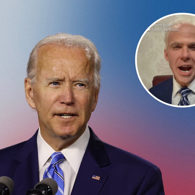 Main: Joe Biden speaks at the Chase Center July 14, 2020 in Wilmington, Delaware. Inset: Mikey Day as Joe Biden on 'Saturday Night Live.' The sketch show mocked concerns surrounding the President's age and fitness to work in government.