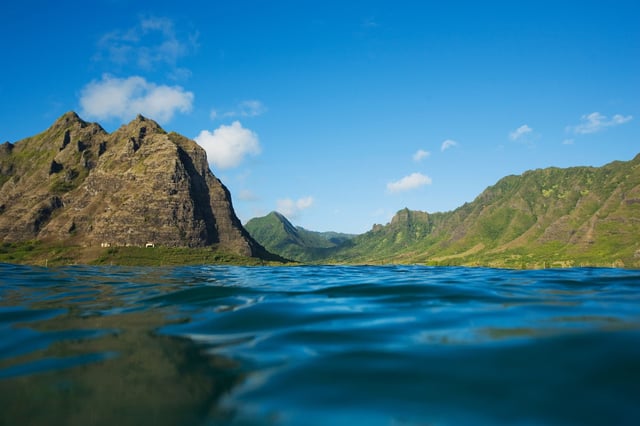 The Ka'a'awa Valley seen from the ocean in Oahu, Hawaii. 