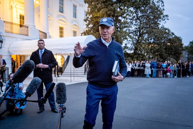 President Joe Biden speaks to members of the media before boarding Marine One on the South Lawn of the White House in Washington, Friday, March 1, 2024, to travel to Camp David, Md., for the weekend.