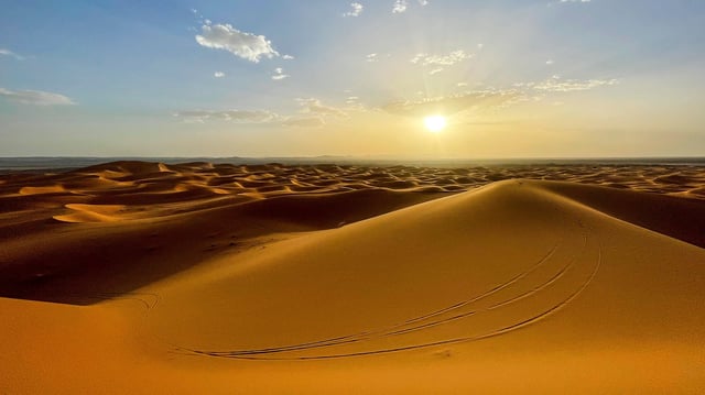 The Erg Chebbi region of the Sahara desert in Morocco. The region is home to the 984 foot tall Lala Lallia star dune.