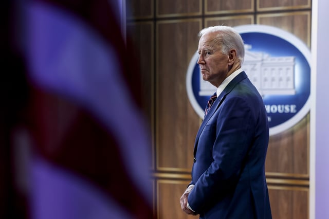 WASHINGTON, DC - OCTOBER 23: U.S. President Joe Biden listens as Mark Anthony Thomas, the President & CEO of the Greater Baltimore Committee & Baltimore Tech Hubs coalition, introduces him at an event at the South Court Auditorium in the Eisenhower Executive Office Building at the White House on October 23, 2023 in Washington, DC. During the event Biden spoke on how his administration's "Bidenomics" agenda would invest in technology for people in the United States. (Photo by Anna Moneymaker/Getty Images)