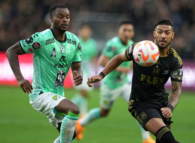 LAFC's Denis Bouanga (right) and Club León's Jaine Barreiro battle for the ball during the second leg of the 2023 Concacaf Champions League final at BMO Stadium. Club León won the final to earn a spot in the Club World Cup.