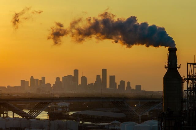 The Houston skyline is seen from an oil refinery on August 28, 2023.