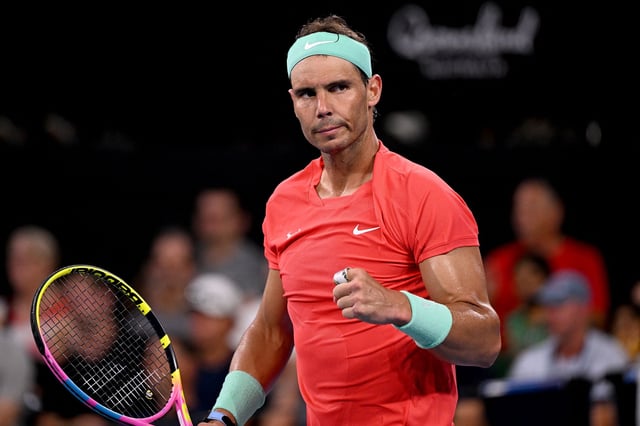 Spain's Rafael Nadal celebrates victory after his men's singles match against Jason Kubler of Australia at the Brisbane International tennis tournament in Brisbane on January 4, 2024. (Photo by William WEST / AFP) / --IMAGE RESTRICTED TO EDITORIAL USE - STRICTLY NO COMMERCIAL USE-- (Photo by WILLIAM WEST/AFP via Getty Images)