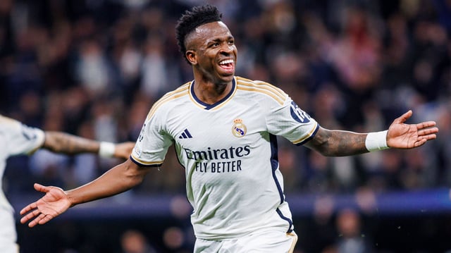 Vinicius Junior of Real Madrid CF is celebrating his goal during the Champions League match between Real Madrid and RB Leipzig at Santiago Bernabeu Stadium in Madrid, Spain, on March 6, 2024. (Photo by Ma de Gracia Jimenez) (Photo by DAX Images/NurPhoto via AP)
