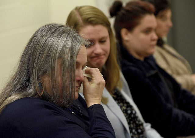 Michelle Raftery, who was a foster mother for Harmony Montgomery, reacts to Kayla Montgomery being granted parole during her hearing at the New Hampshire Correctional Facility for Women in Concord, N.H., on Thursday, March 7, 2024.