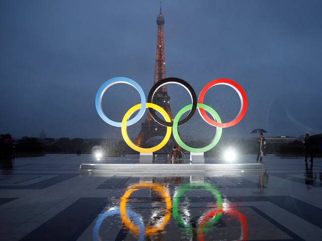 PARIS, FRANCE - SEPTEMBER 13: The unveiling of the Olympic rings on the esplanade of Trocadero in front of the Eiffel tower after the official announcement of the attribution of the Olympic Games 2024 to the city of Paris on September 13, 2017 in Paris, France. For the first time in history, the International Olympic Committee (IOC) confirms two summer Games host cities at the same time, Paris will host the Olympic Games in 2024 and Los Angeles in 2028. (Photo by Chesnot/Getty Images)