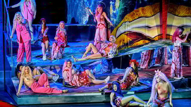 This image released by the Bayreuth Festival shows Klingsor's Flower Maiders during a dress rehearsal of Jay Scheib's production of Wagner's "Parsifal" at the Bayreuth Festival 2023 in Bayreuth, Germany. (Enrico Nawrath/Bayreuth Festival via AP)