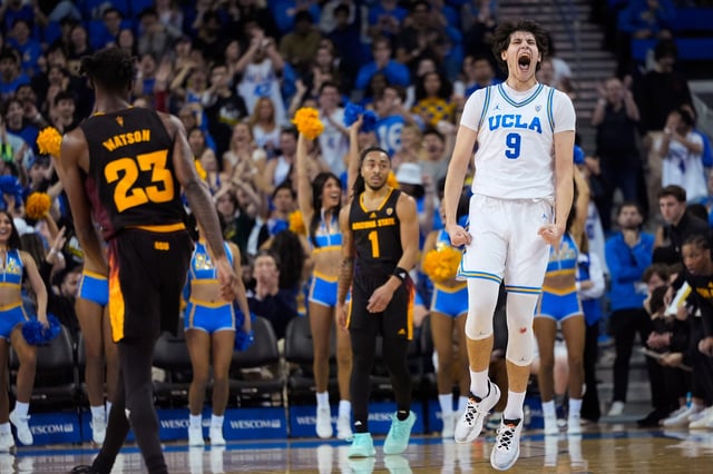 UCLA forward Berke Buyuktuncel (9) celebrates his 3-point basket against Arizona State during the first half of an NCAA college basketball game in Los Angeles on March 9, 2024.