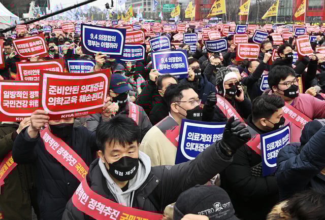 Doctors during a rally against the government's plan to raise the annual enrolment quota at medical schools, in Seoul on March 3, 2024. 