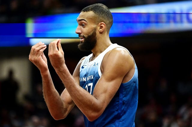 Mar 8, 2024; Cleveland, Ohio, USA;  Minnesota Timberwolves center Rudy Gobert (27) reacts after fouling out during the second half against the Cleveland Cavaliers at Rocket Mortgage FieldHouse. Mandatory Credit: Ken Blaze-USA TODAY Sports