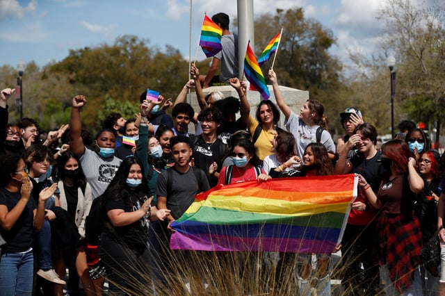Hillsborough High School students protest a Republican-backed bill sdubbed the "Don't Say Gay" that would prohibit classroom discussion of sexual orientation and gender identity, a measure Democrats denounced as being anti-LGBTQ, in Tampa, Florida, U.S., March 3, 2022. REUTERS/Octavio Jones