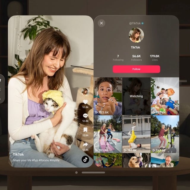 Creator profiles and the comments section open next to the TikTok video you're playing on the Vision Pro.