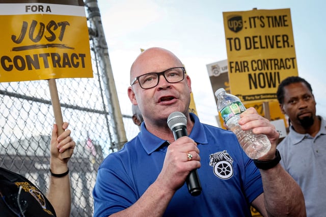 Sean O'Brien, President of the International Brotherhood of Teamsters, speaks to UPS Teamsters during a picket ahead of an upcoming possible strike, outside of a UPS Distribution Center in Brooklyn, New York, in July 2023.