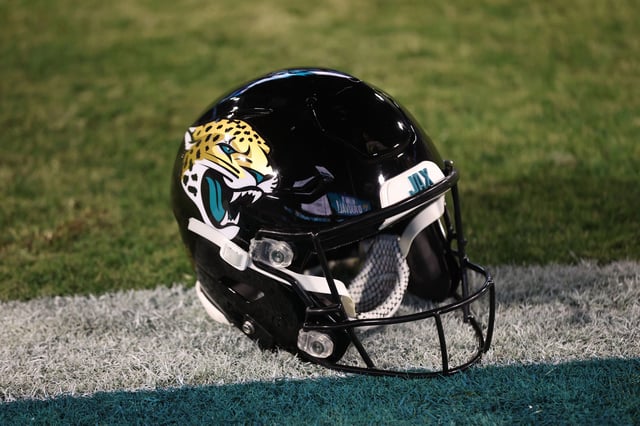 A Jacksonville Jaguars helmet on the field prior to NFL football game against the Tennessee Titans at TIAA Bank Field on Saturday, January 7, 2023 in Jacksonville, Florida.
