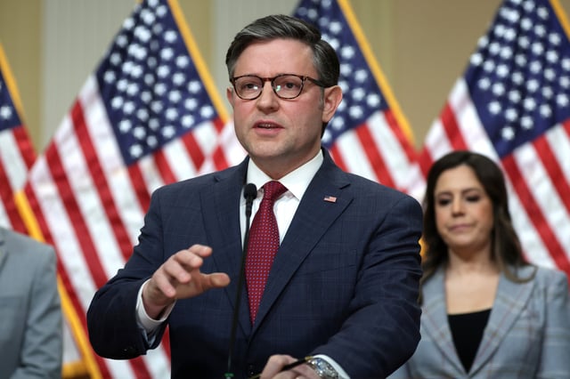 U.S. Speaker of the House Rep. Mike Johnson (R-LA) speaks during a news conference at the Cannon House Office Building on Capitol Hill on March 6, 2024 in Washington, DC. House Republicans discussed the GOP agenda ahead of President Biden’s State of the Union address tomorrow. (Photo by Alex Wong/Getty Images) ORG XMIT: 776116518 ORIG FILE ID: 2063411286