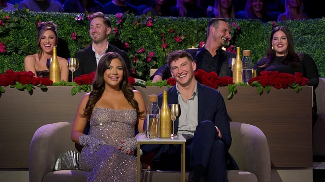 Colleen Reed (left), Matt Bolton, Giannina Gibelli, Blake Horstmann, Brennon Lemieux and Alexa Alfia on the Season 6 reunion of Netflix's "Love is Blind."