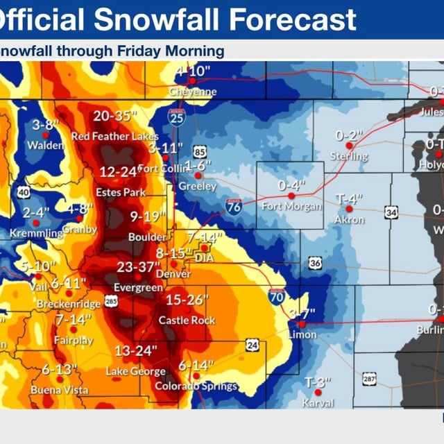 A National Weather Service snowfall map shows which Colorado cities are expecting the heaviest snowfall with the incoming winter storm.
