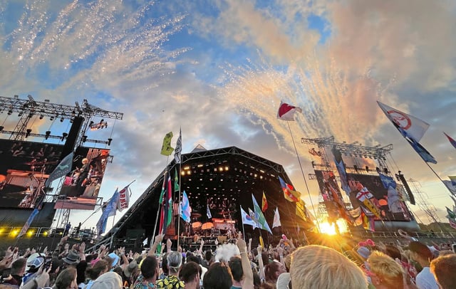 Sir Elton John performs on the Pyramid stage during day 5 of Glastonbury Festival 2023 Worthy Farm, Pilton on June 25, 2023 in Glastonbury, England. (Photo by Jim Dyson/Redferns)