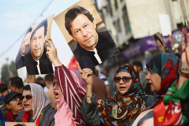 Supporters of Pakistan’s jailed former prime minister Imran Khan protest in Karachi on Sunday against the alleged rigging of the country’s general elections. Khan’s party used AI to allow him to campaign from prison. Photo: EPA-EFE